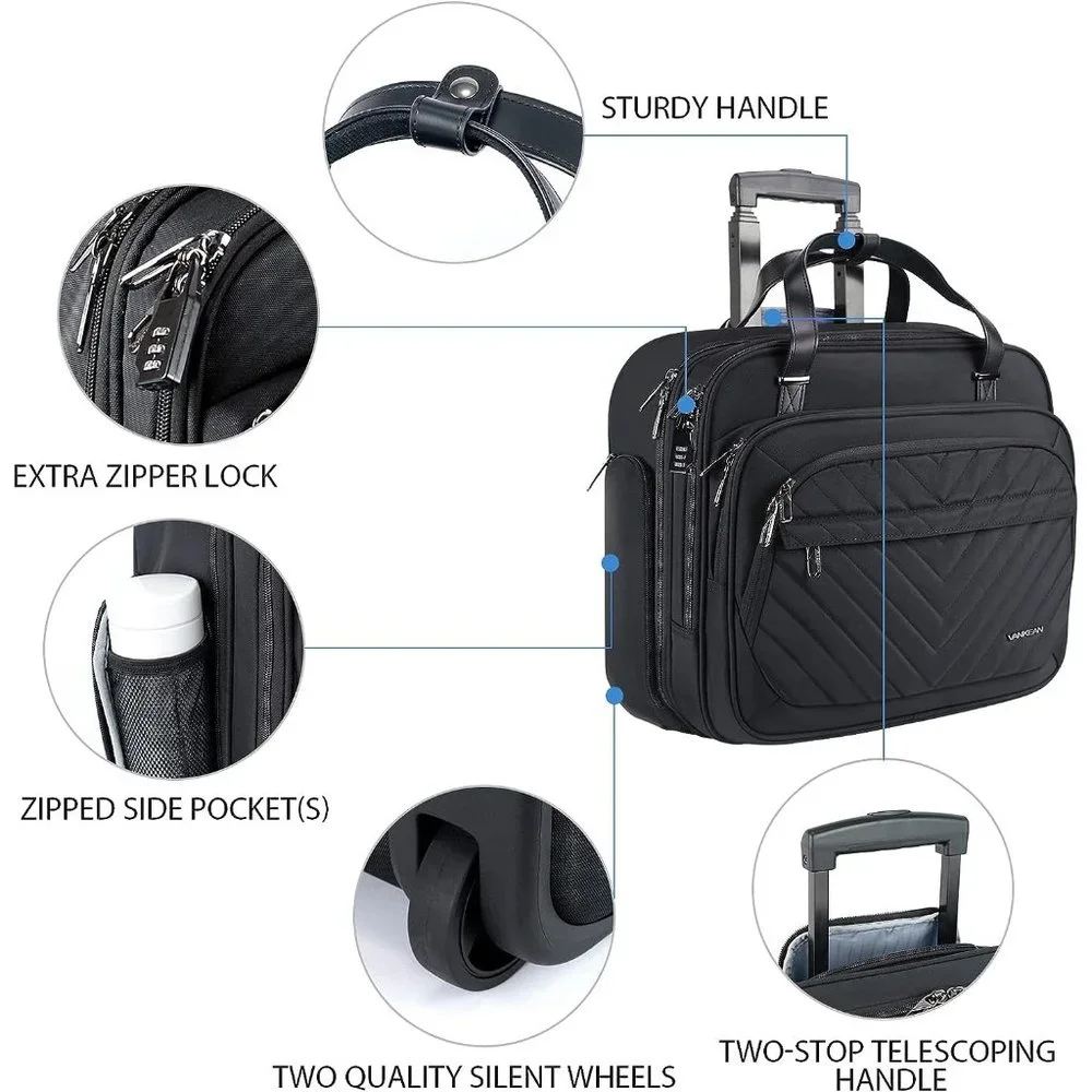 Women's Black Water Repellent Rolling Laptop Bag 15.6 inch